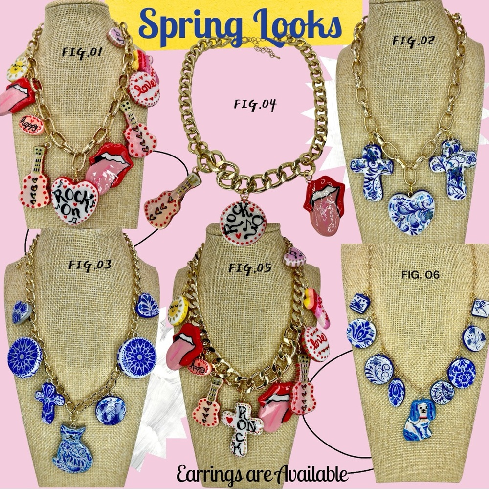 Rock On Guitar and Rock Lips Colorful Charm Necklace Handcrafted
